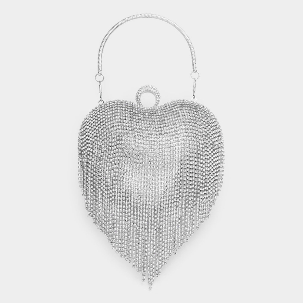 Silver Crystal Rhinestone Heart Fringe CrossBody Purse Bling Clutch Fashion Bag